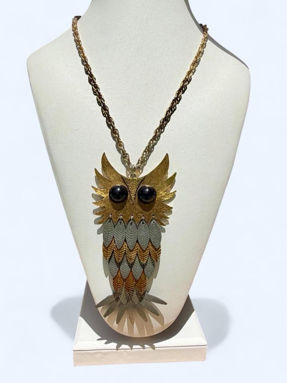 Vintage Large Reticulated Gold & Silver Owl Necklace